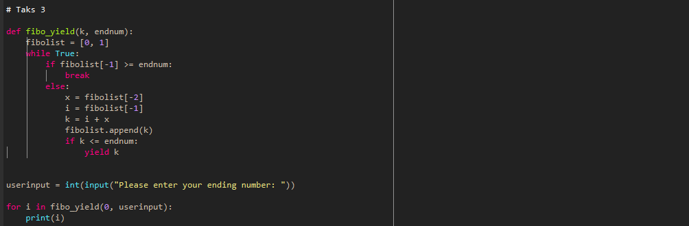 Create a program that outputs a Fibonacci-List with a ‘yield’ command
